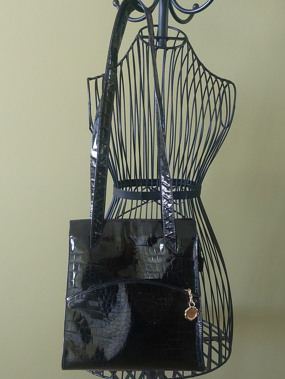 VIINTAGE, Black Patent Croc-Embossed Shoulder Tote with Gold Charm Accent.